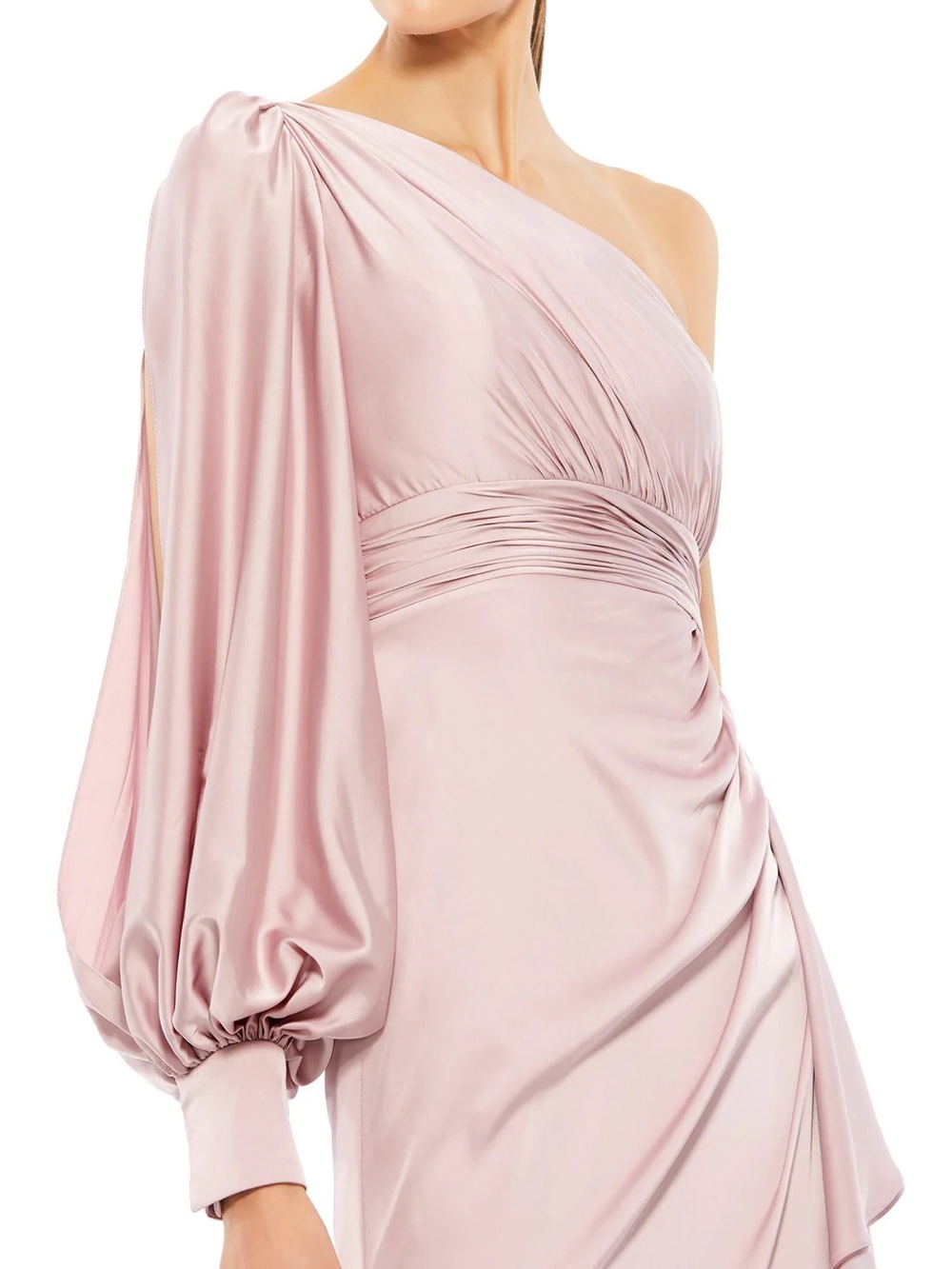 Mac Duggal One-Shoulder Long Sleeve Draped Bodice Gown Maxi Dress 55398 NWT $398 - Picture 4 of 5